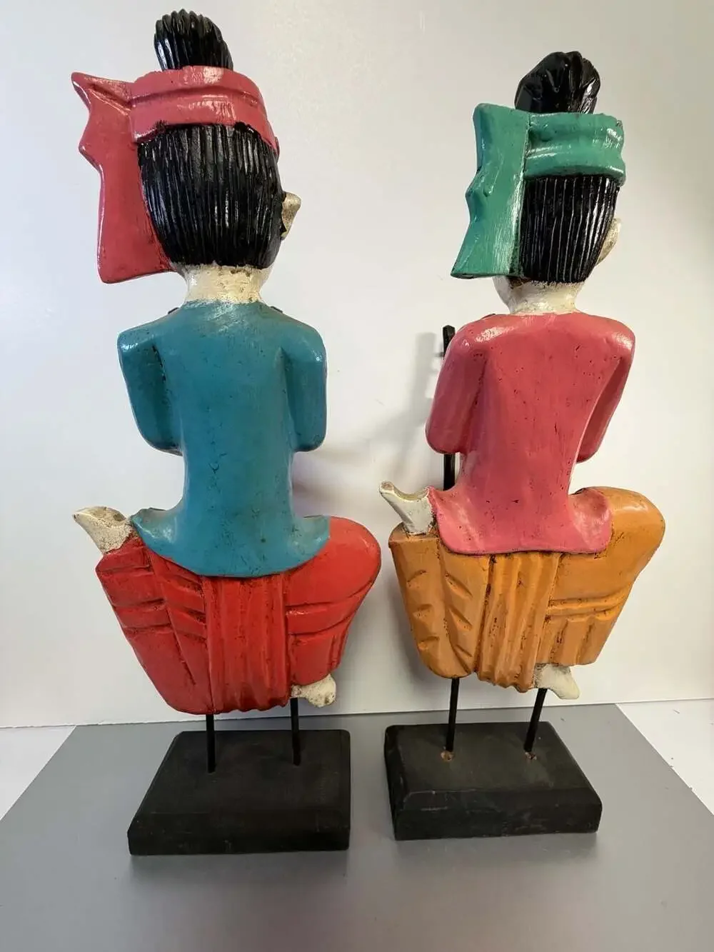Set of Two Vintage Carved Wood Thai Musicians Sculptures on Stand